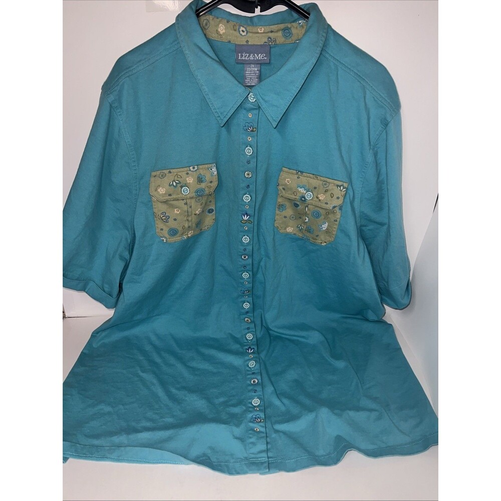Liz & Me teal button-up shirt Patterned Pockets 2XL S/Z 22/24 100% Cotton